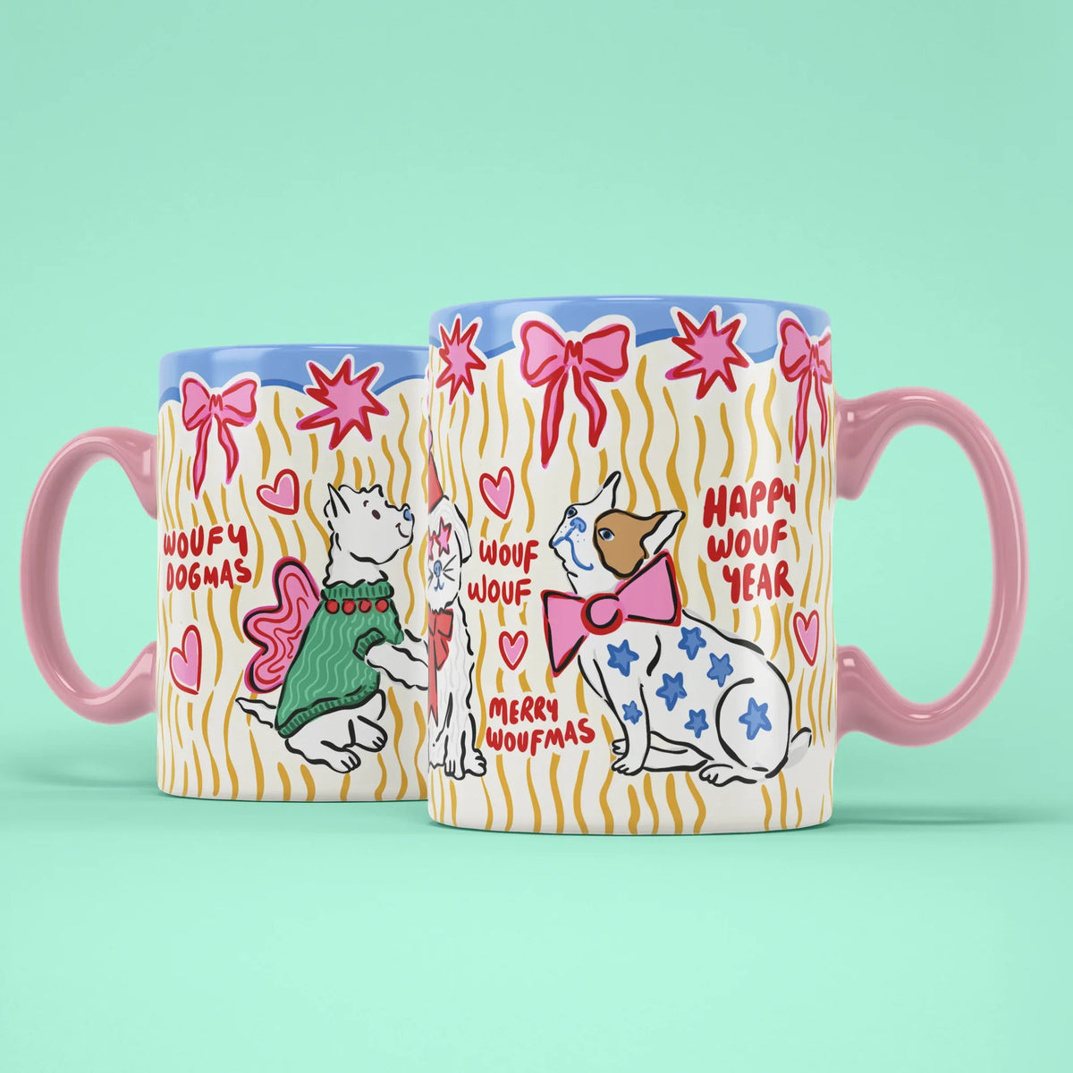 Dogmas Mug – two mugs showing front and back of the Christmas dog design