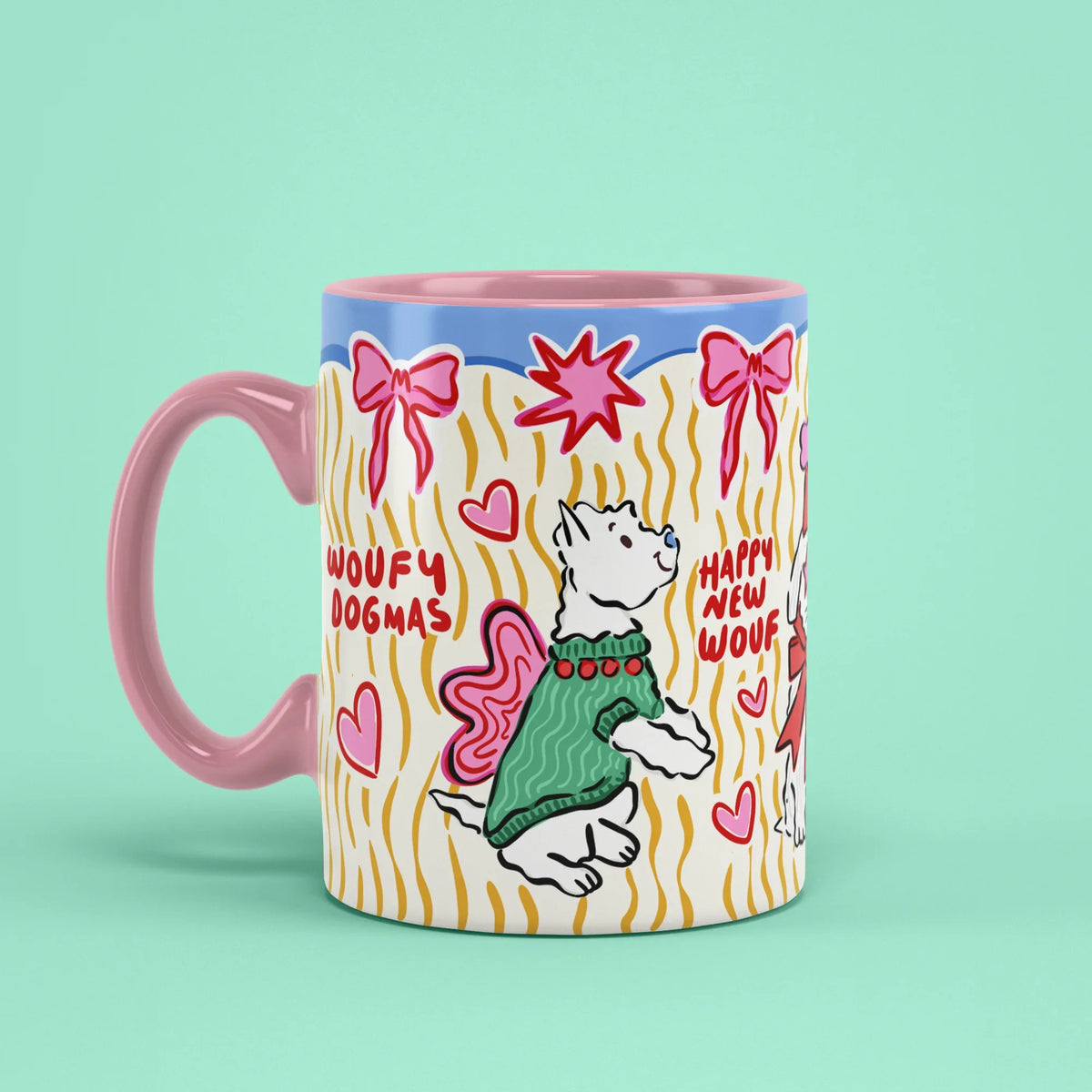 Dogmas Mug – Christmas dog cup with pink handle on left