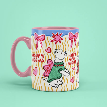 Dogmas Mug – Christmas dog cup with pink handle on left