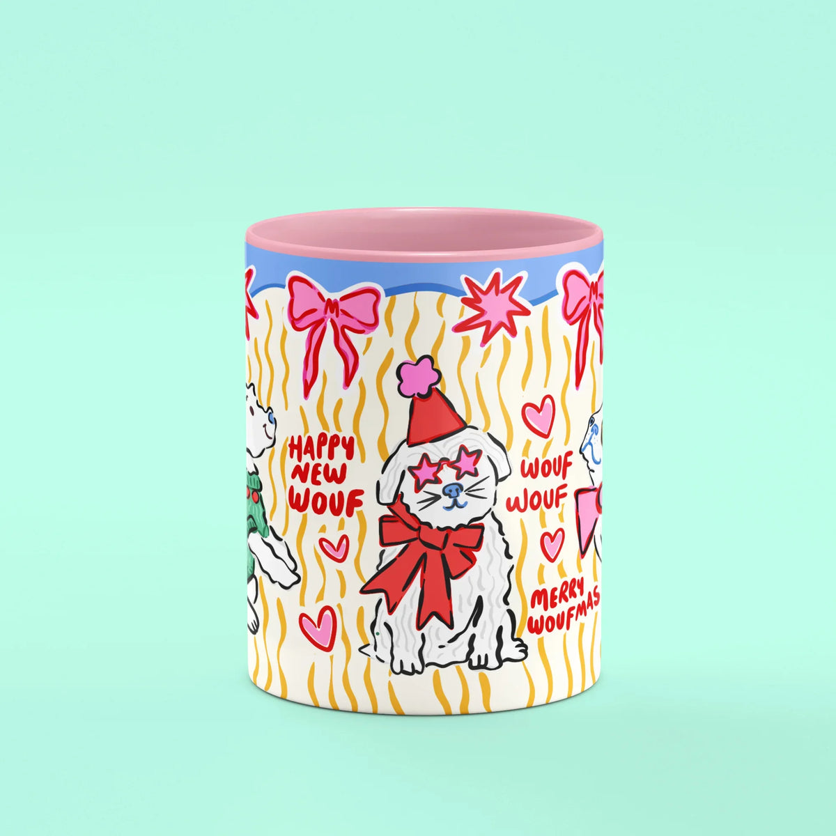 Dogmas Mug – front view of pup with Happy Wouf Year