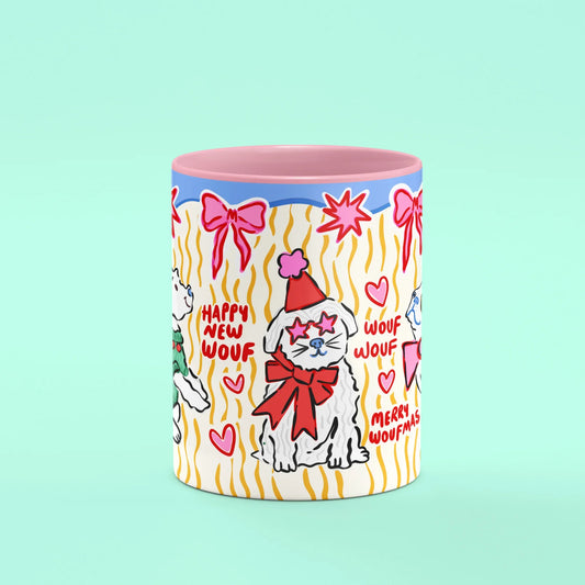 Dogmas Mug – front view of pup with Happy Wouf Year