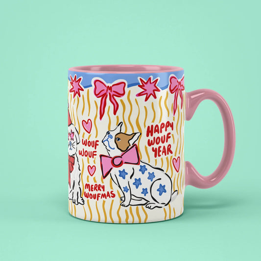Dogmas Mug – festive pup with Merry Woofmas, pink handle on right