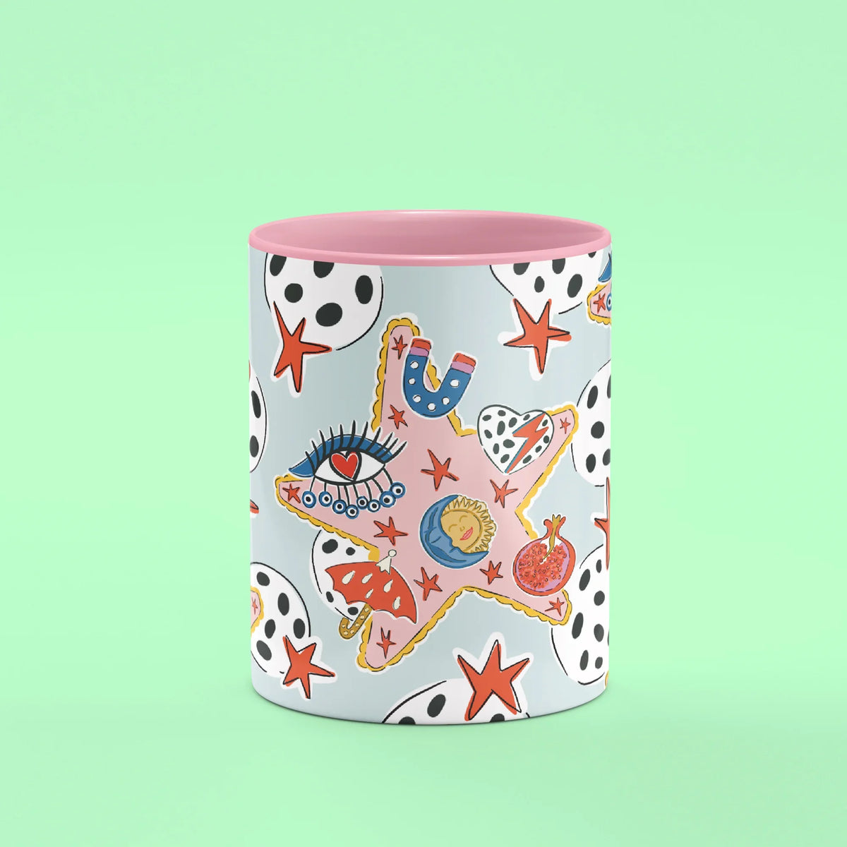 Durusko Mug – front view of stars filled with lucky symbols