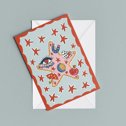 Durusko print – flat lay mock-up showing the colourful illustrated design