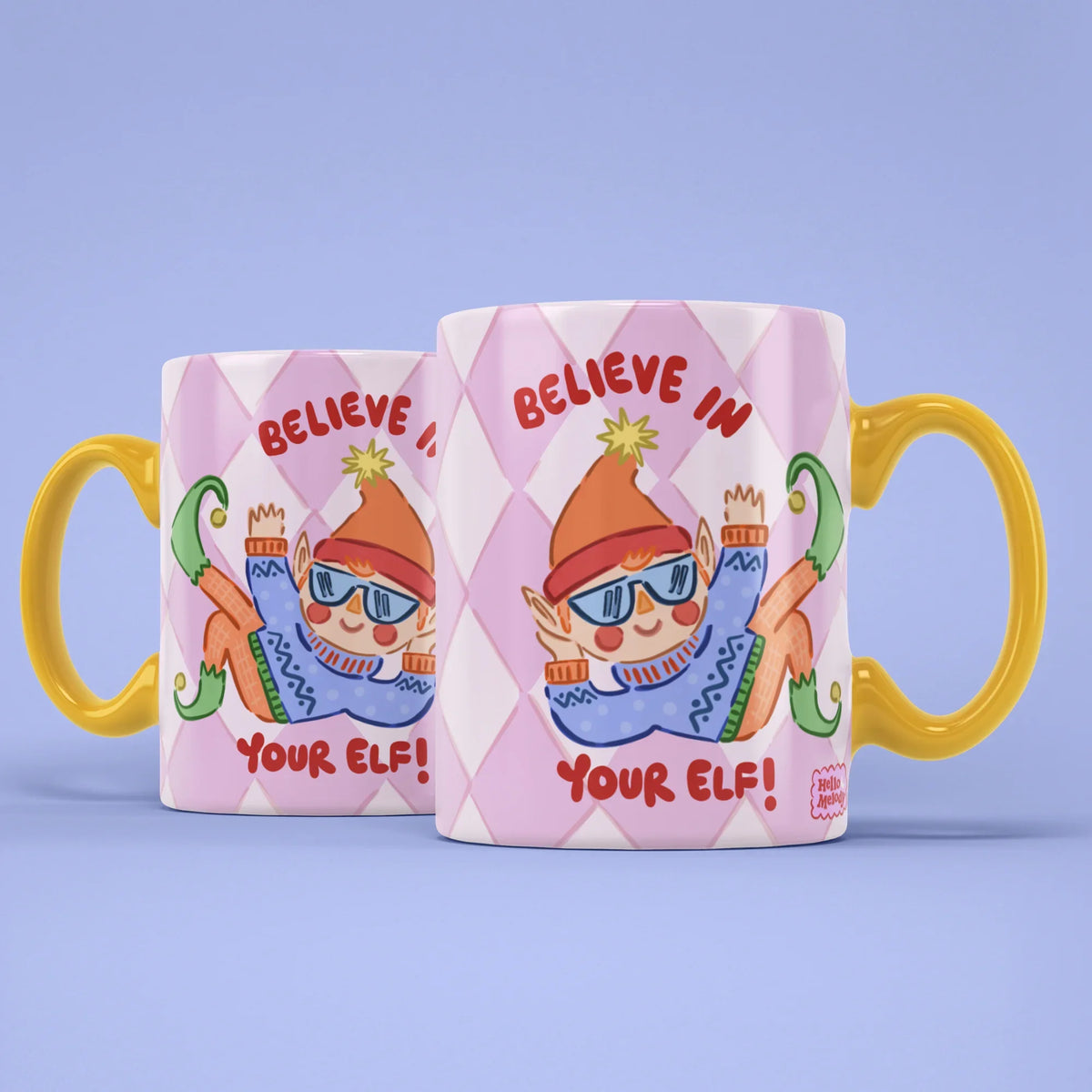 Elf Mug – two mugs showing front and back of the elf design
