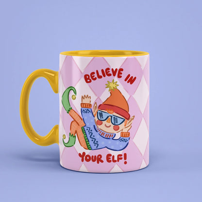 Elf Mug – Christmas pun cup with yellow handle on left