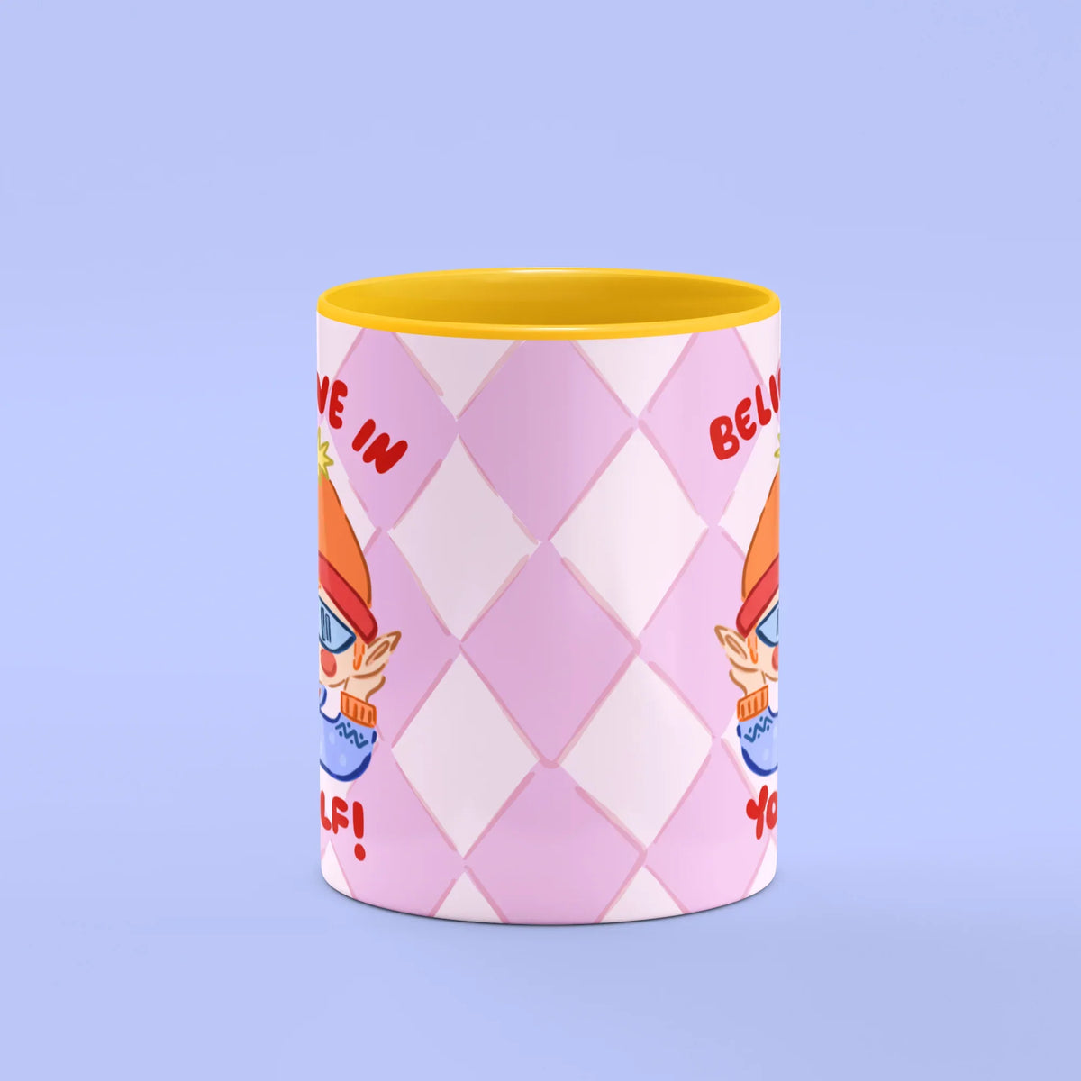 Elf Mug – front view of cool elf with Believe in Your Elf