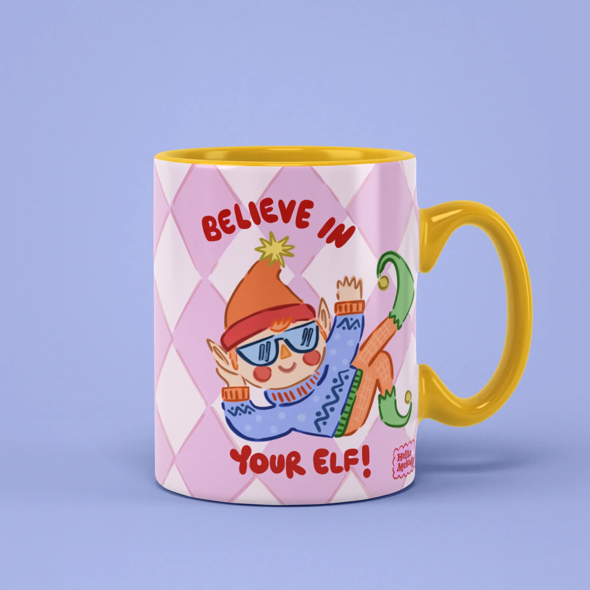Elf Mug – Believe in Your Elf illustration, yellow handle on right