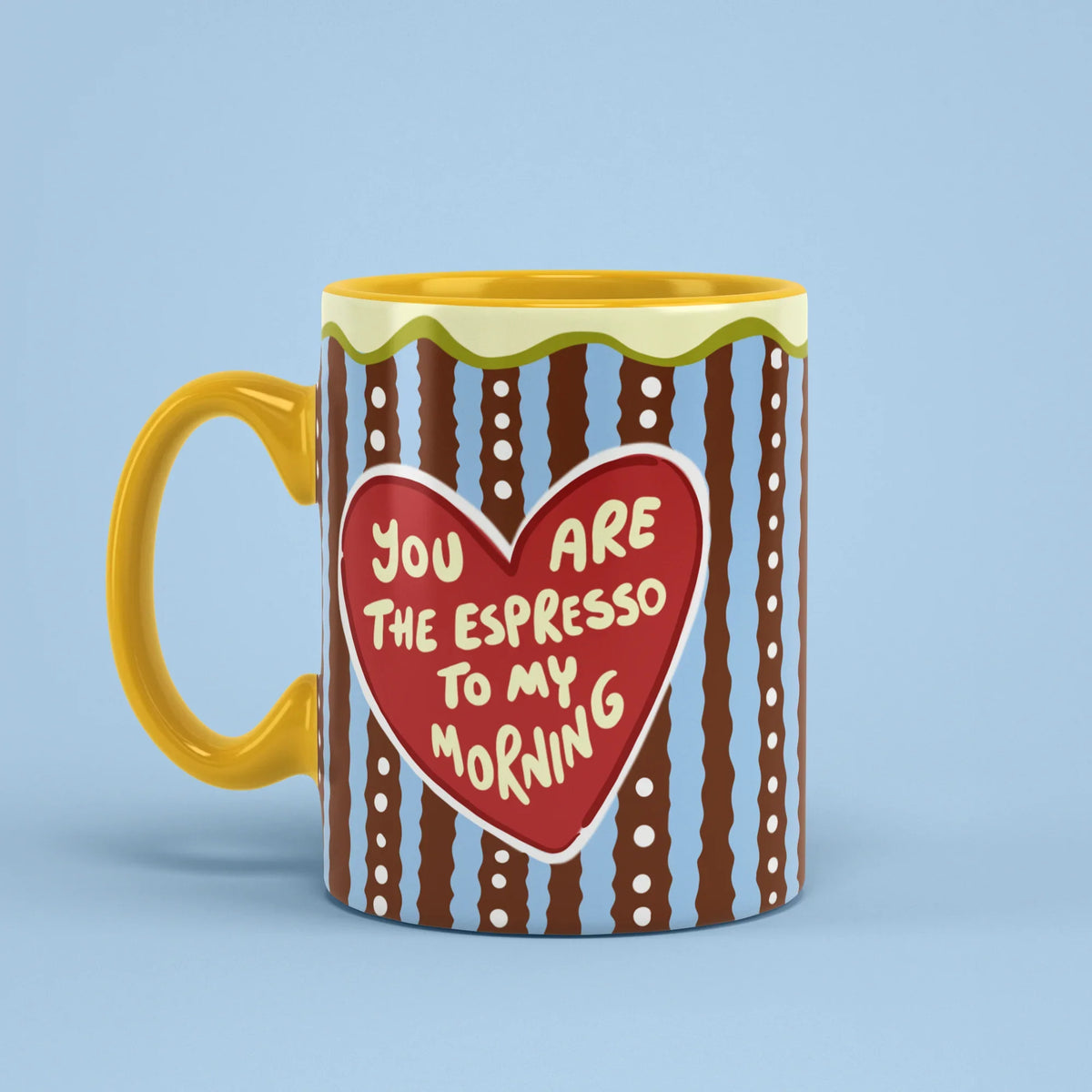 Espresso Love Mug – coffee lover cup with yellow handle on left