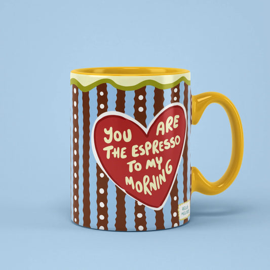 Espresso Love Mug – you are the espresso to my morning heart, yellow handle on right