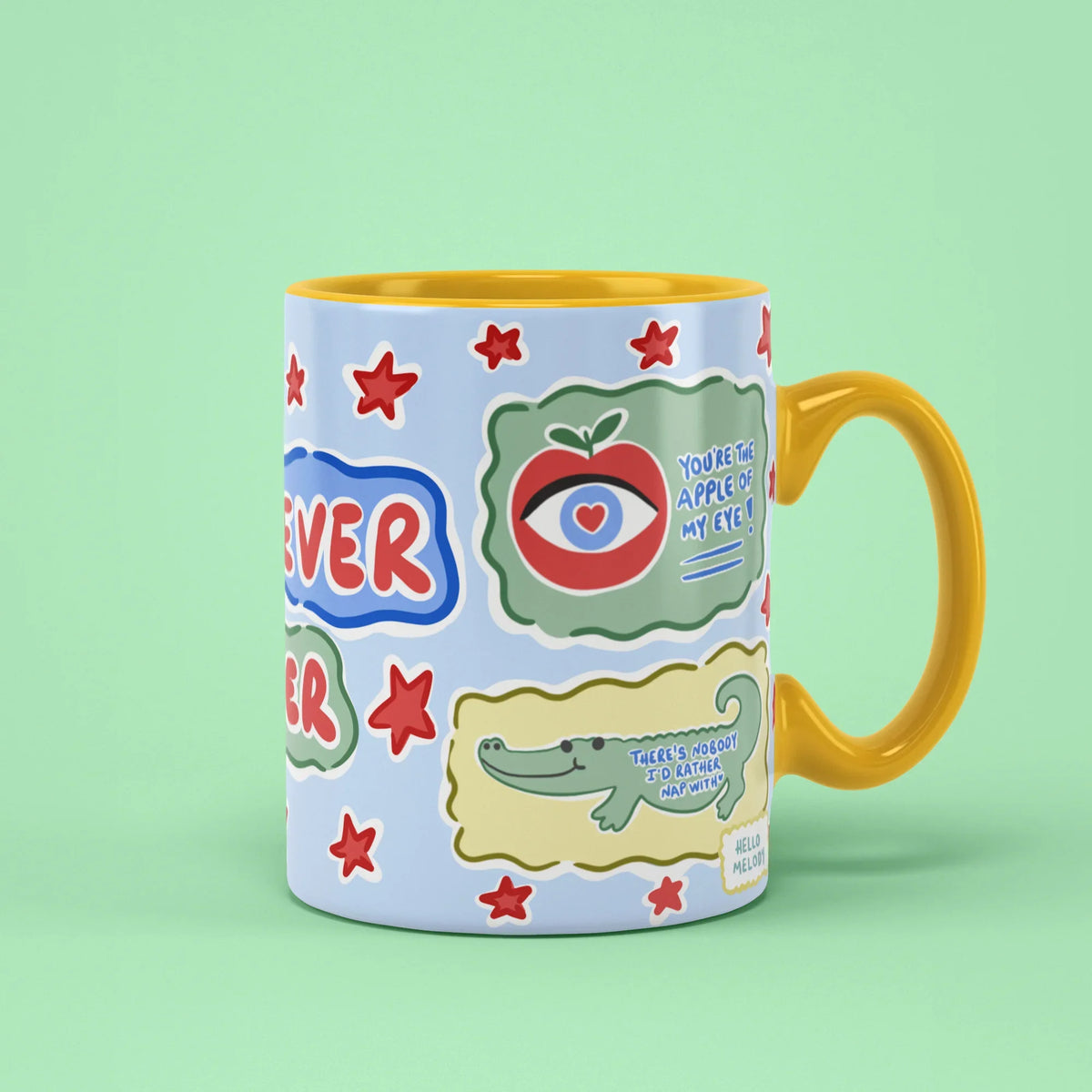 Ever Mug – Ever lettering with sweet message patches, yellow handle on right
