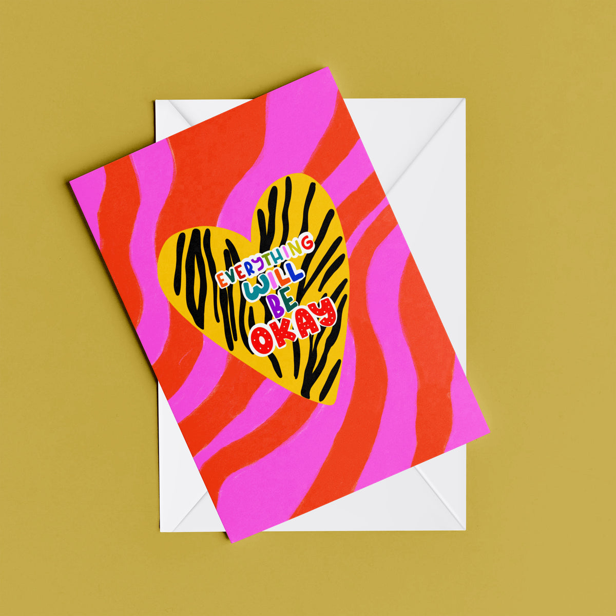 Everything Will Be Ok greeting card – flat lay mock-up with envelope