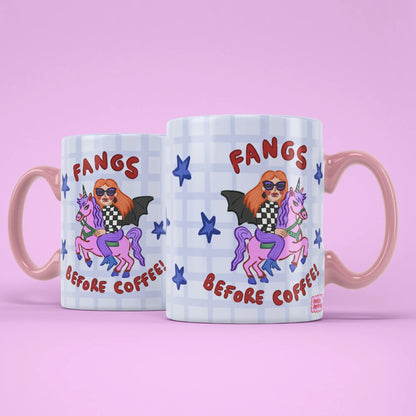 Fangs Before Coffee Mug shown from both sides with blue stars