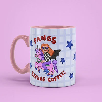 Left view of Fangs Before Coffee Mug with pink handle