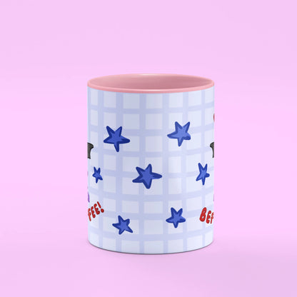 Front view of Fangs Before Coffee Mug, a quirky vampire cup