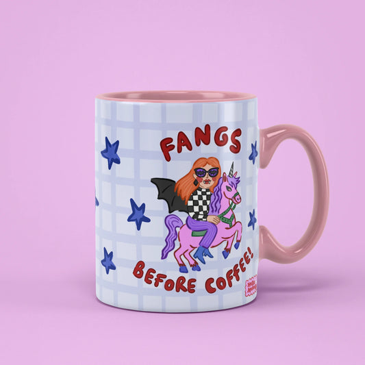 Fangs Before Coffee Mug with vampire riding a unicorn, funny Halloween gift