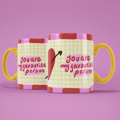 Two Favourite Person mugs showing the heart and handwritten message design