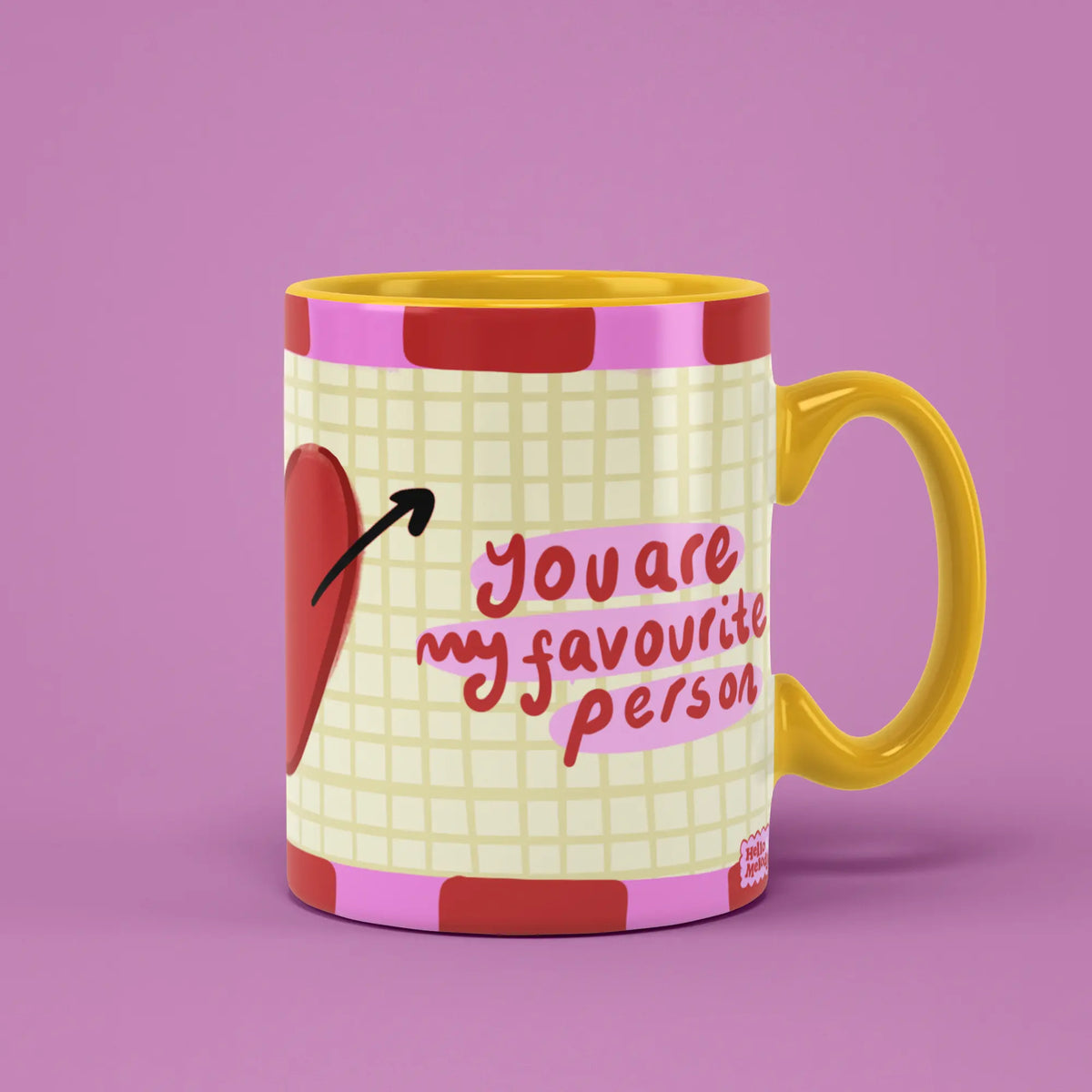 You Are My Favourite Person Mug with red heart artwork and a yellow handle