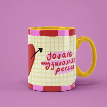 You Are My Favourite Person Mug with red heart artwork and a yellow handle