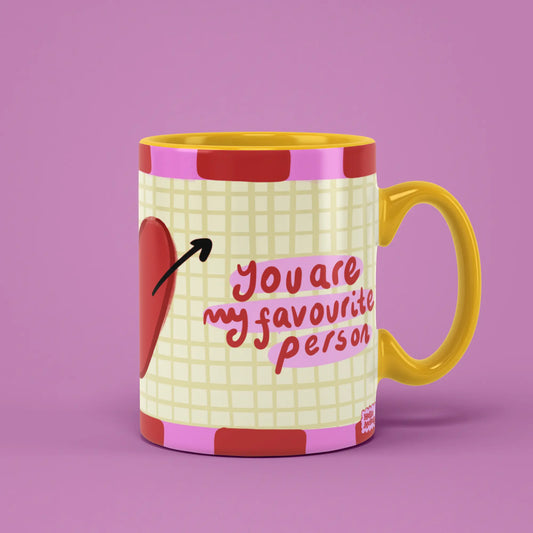 You Are My Favourite Person Mug with red heart artwork and a yellow handle