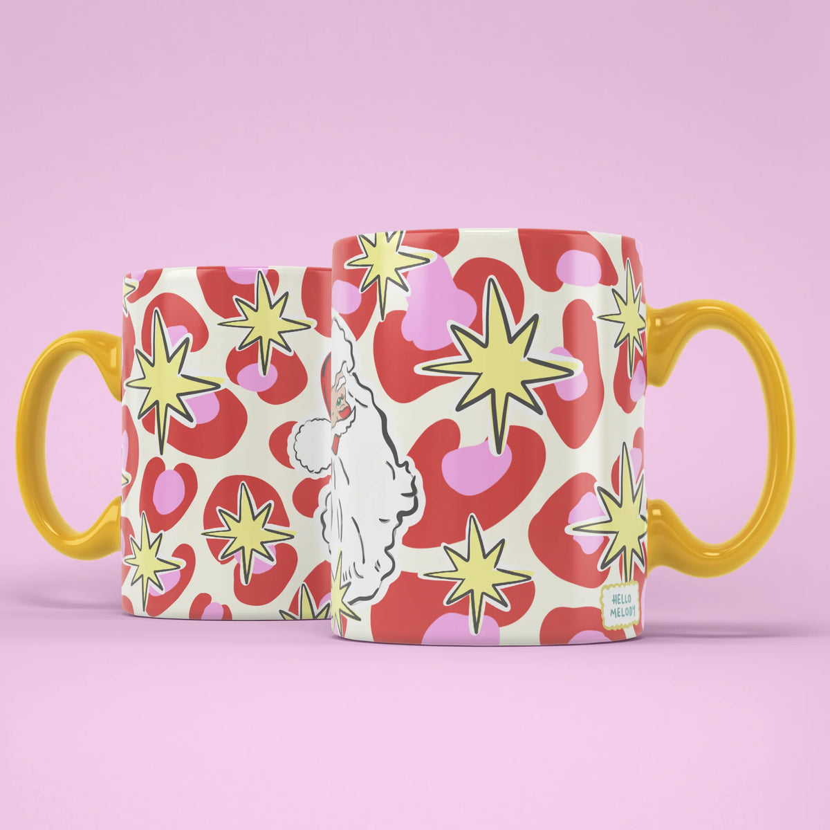 Festive Santa Mug – two mugs showing front and back of retro Santa leopard print design