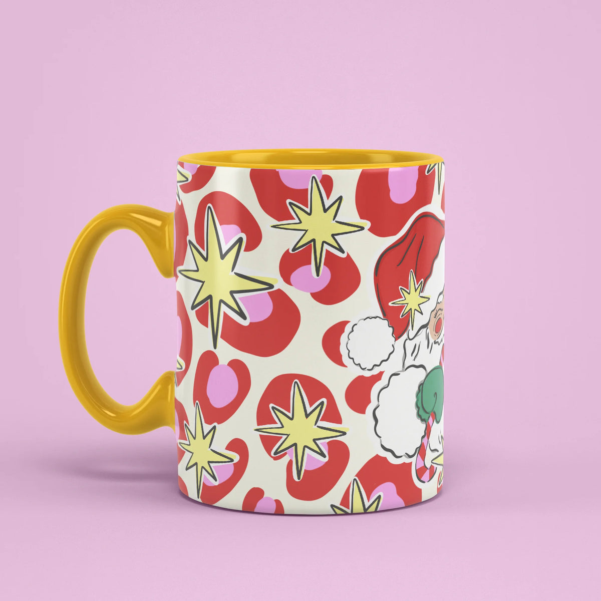 Festive Santa Mug – retro Santa Christmas mug with yellow handle, handle on left