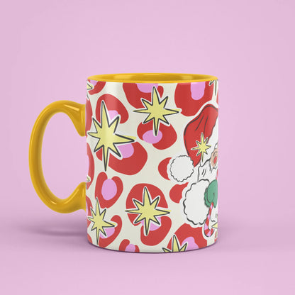 Festive Santa Mug – retro Santa Christmas mug with yellow handle, handle on left