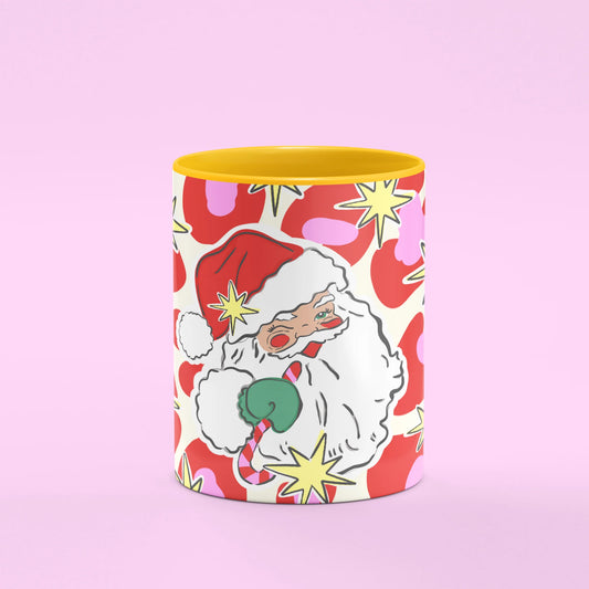 Festive Santa Mug – front view showing retro Santa face with stars on red and pink pattern