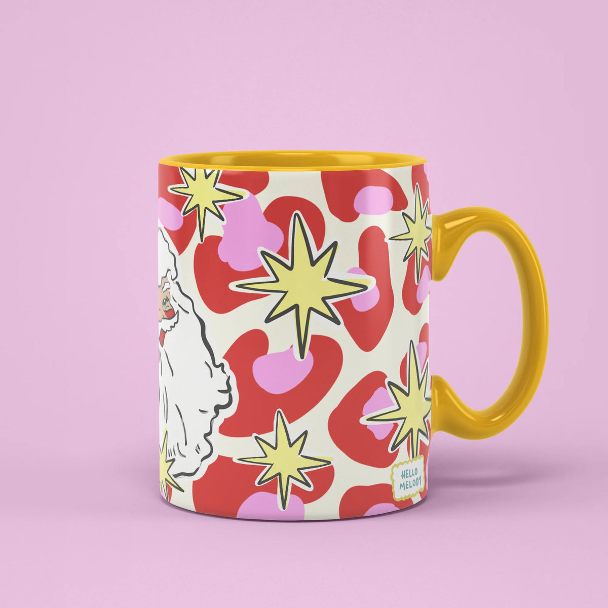 Festive Santa Mug – retro Santa Christmas mug with yellow handle, handle on right