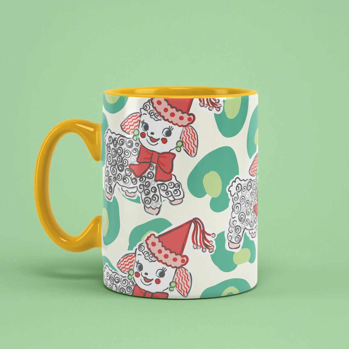 Festive Zuzu Mug – Christmas poodle cup with yellow handle on left