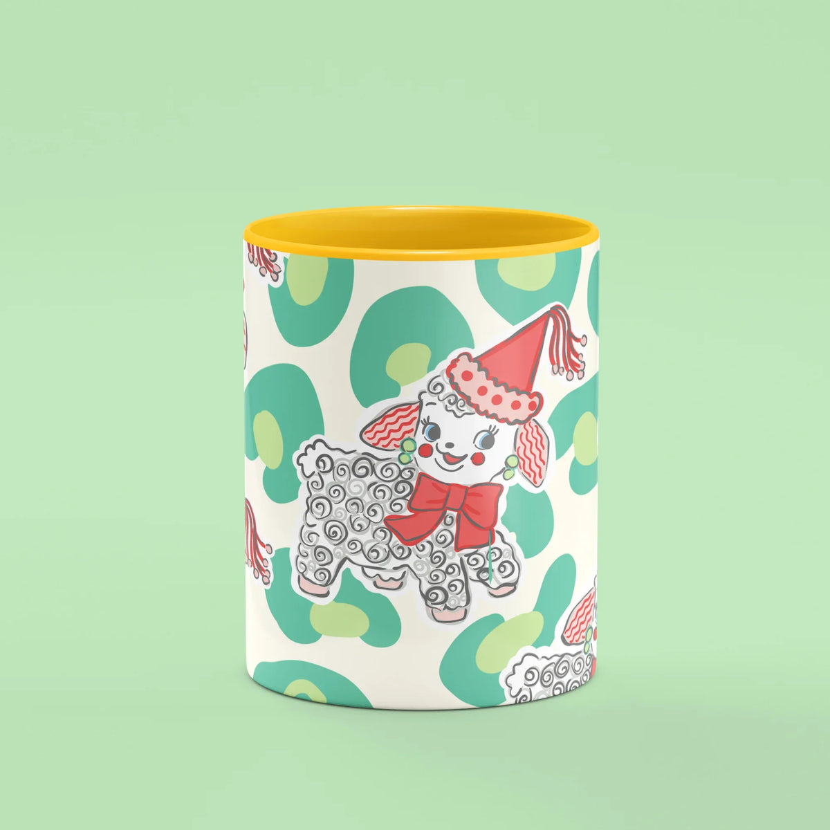 Festive Zuzu Mug – front view of Zuzu the poodle with red bows