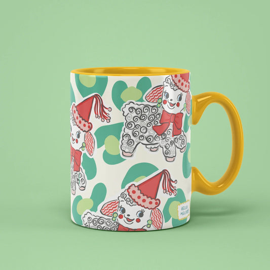 Festive Zuzu Mug – retro poodle in party hat, yellow handle on right