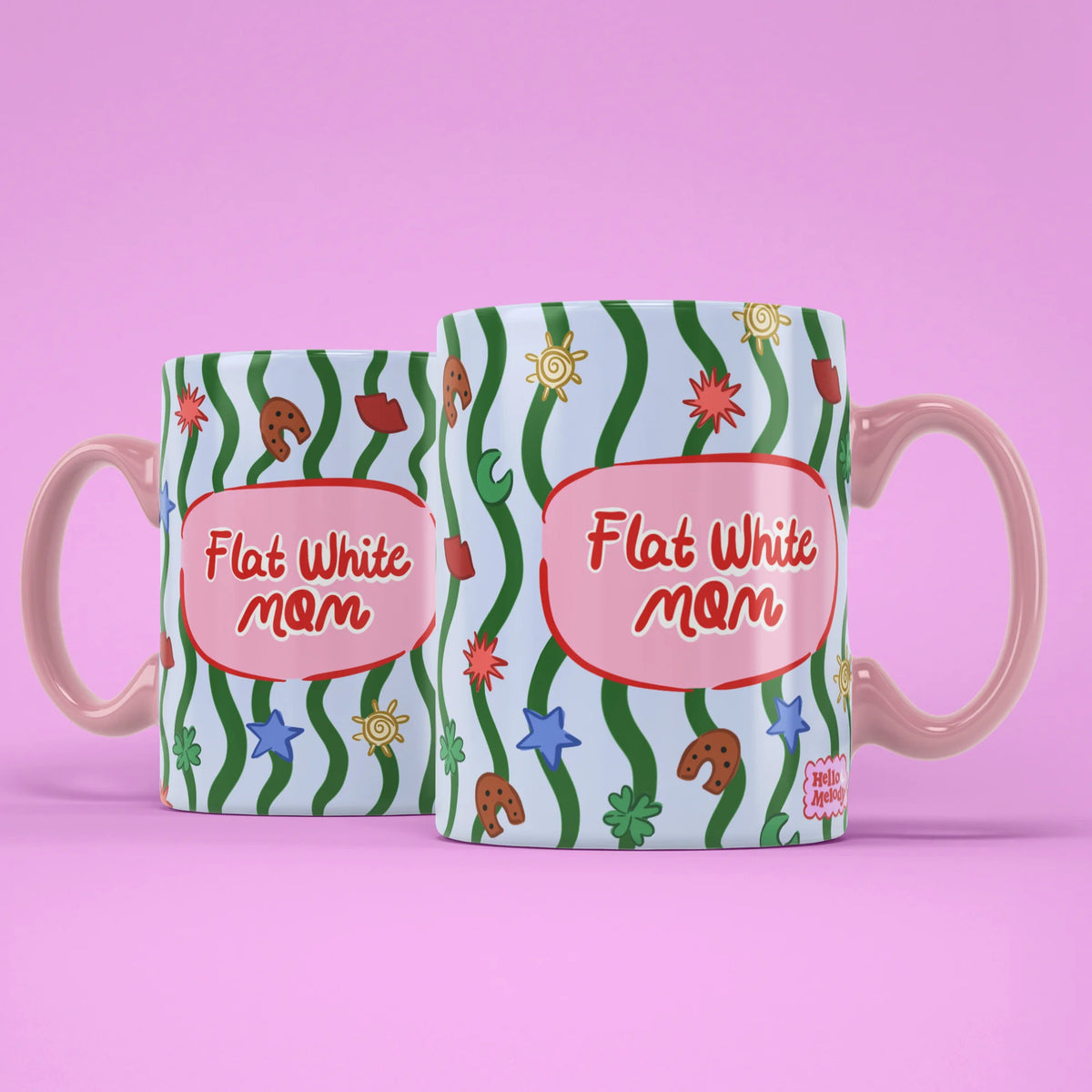 Flat White Mom Mug shown from both sides with pink handle
