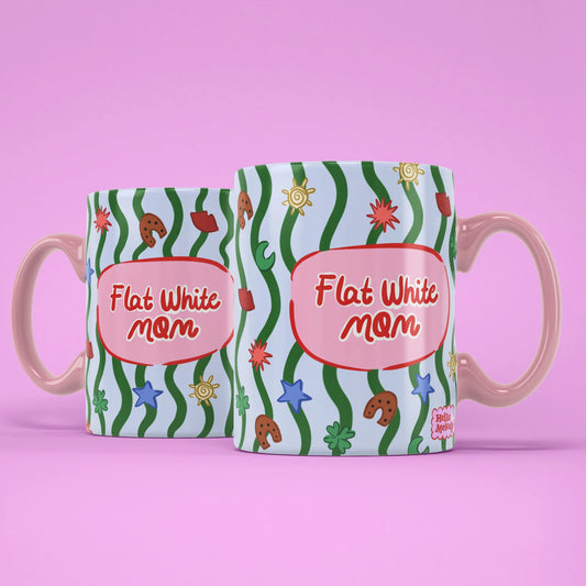 Flat White Mom Mug shown from both sides with pink handle