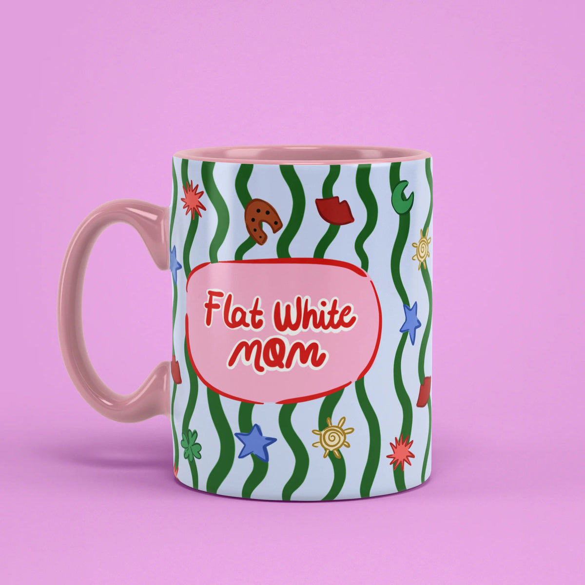 Left view of Flat White Mom Mug with wavy green pattern