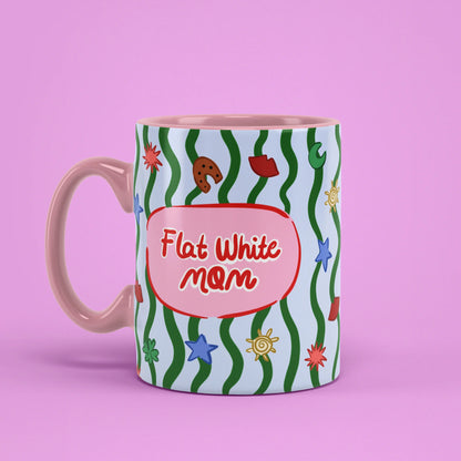 Left view of Flat White Mom Mug with wavy green pattern