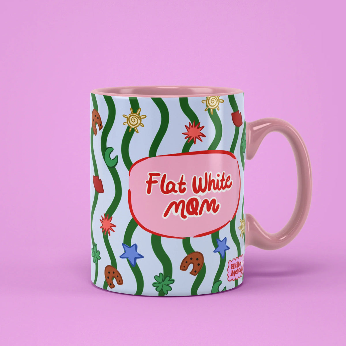 Flat White Mom Mug with green wavy stripes and lucky charms, gift for mums