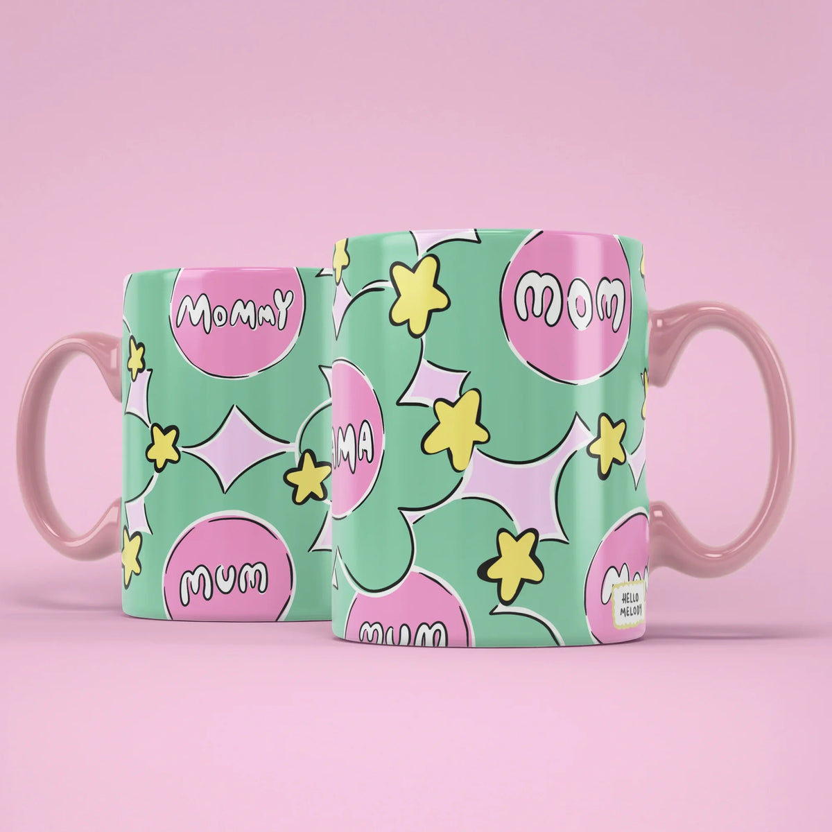 Flower Mama Mug – two mugs showing Mommy and Mum sides of the floral design