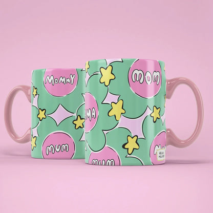 Flower Mama Mug – two mugs showing Mommy and Mum sides of the floral design