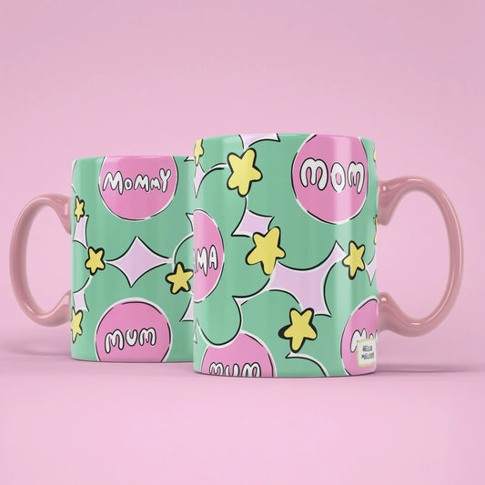 Flower Mama Mug – two mugs showing Mommy and Mum sides of the floral design