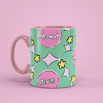 Flower Mama Mug – Mommy flower and yellow stars, pink handle on left