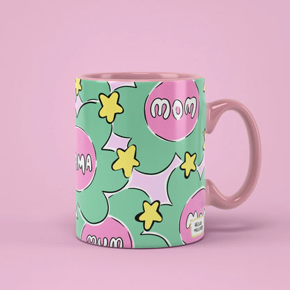 Flower Mama Mug – green retro flowers reading Mama and Mum, pink handle on right