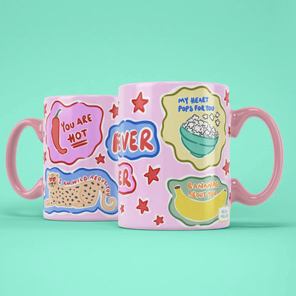 Forever Mug – two mugs showing chilli, leopard and popcorn patches