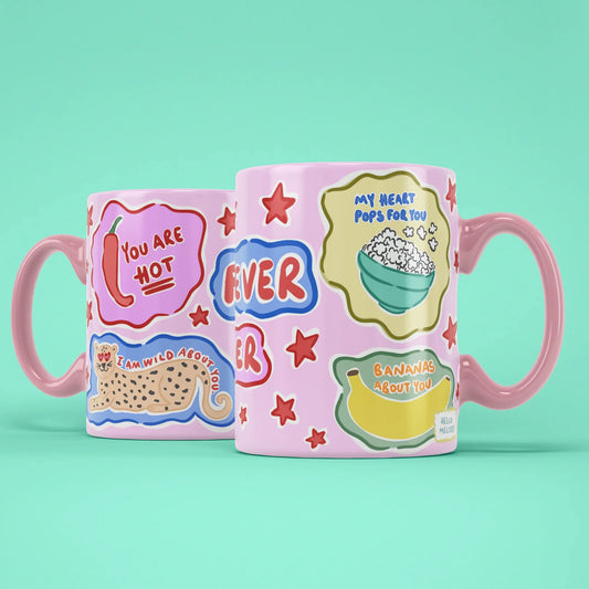 Forever Mug – two mugs showing chilli, leopard and popcorn patches