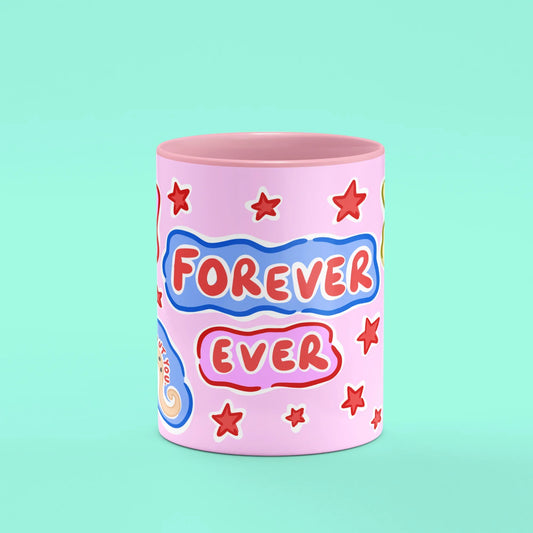 Forever Mug – front view of Forever lettering with love patches
