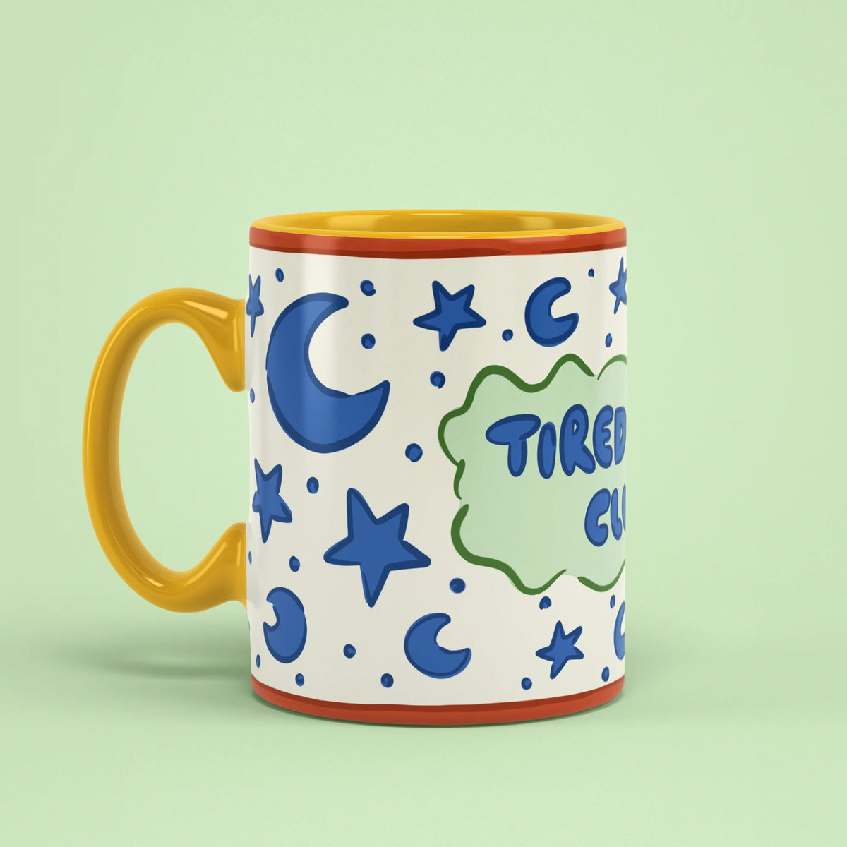 Left view of Tired Dad Club Mug with yellow handle and starry design