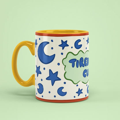 Left view of Tired Dad Club Mug with yellow handle and starry design