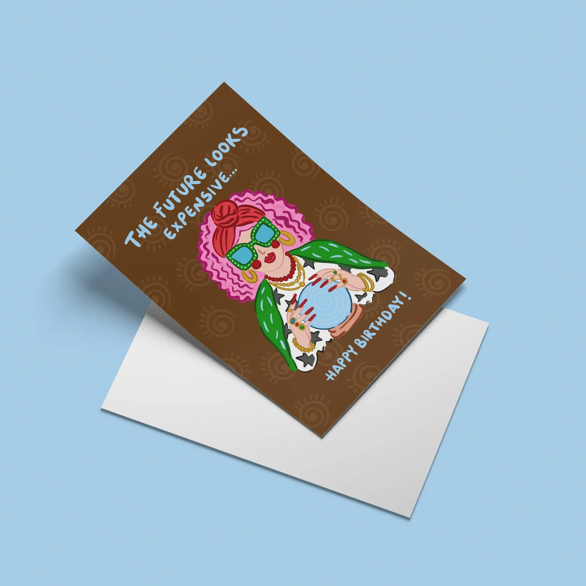 The Future Looks Expensive Card – angled view with envelope