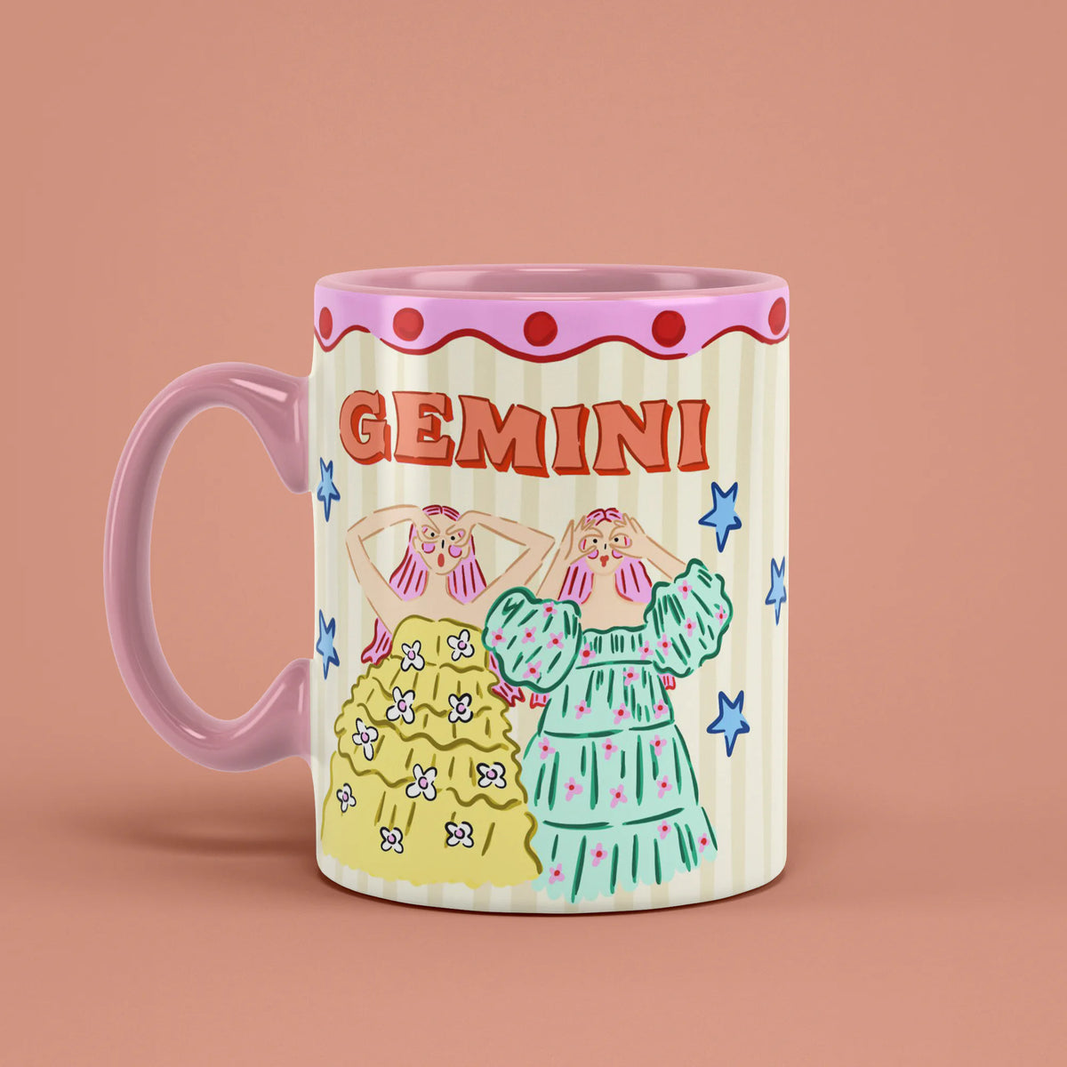 Gemini astrology mug angled left with blue stars and colourful figures