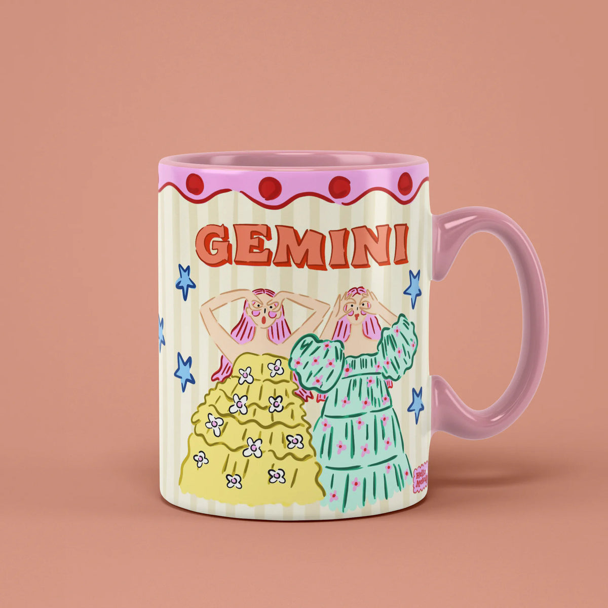Gemini zodiac mug with two illustrated figures with flowers and patterned outfits